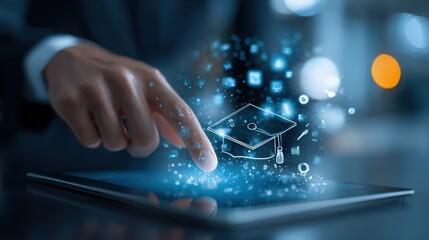 Touching digital graduation cap, virtual learning concept, technology enhances education