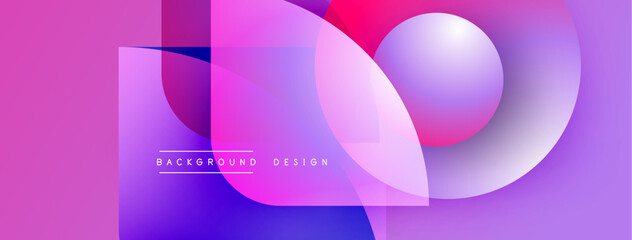 Abstract composition features vibrant pinks, purples, blues. Overlapping shapes create dynamic visual effect. Modern design elements present.