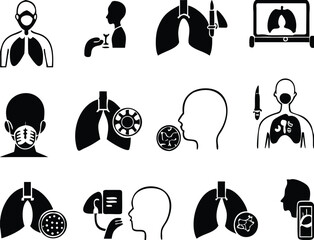 Black Lung Disease Icon Set. Vector Illustrations Lung, Lung Biopsy, Inhaler, Lung Screening, Oxygen Mask, Nebulizer, Bronchial Asthma, Spirometry, COPD, Pneumonia, Bronchoscopy, and Cough