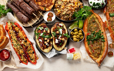 Assorted Turkish food and meze, tasty and healthy Mediterranean cuisine.