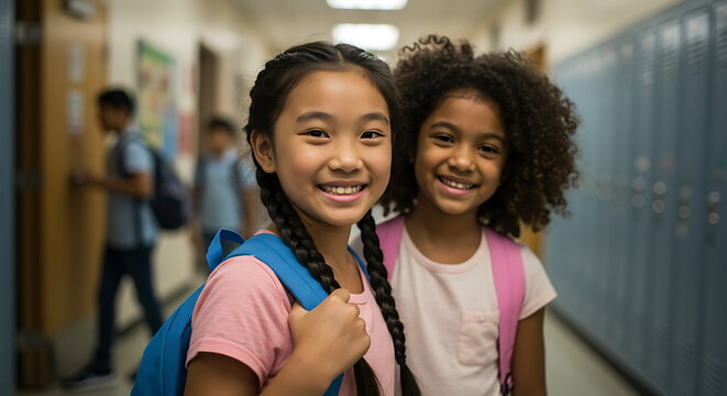 Happy Diverse School Girls Smiling in Hallway with Backpacks - Powered by Adobe