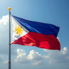 Flag Waving in the Wind Against Blue Sky with White Clouds
