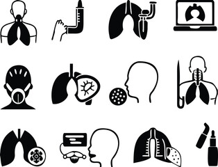 Black Lung Disease Icon Set. Vector Illustrations Lung, Lung Biopsy, Inhaler, Lung Screening, Oxygen Mask, Nebulizer, Bronchial Asthma, Spirometry, COPD, Pneumonia, Bronchoscopy, and Cough