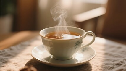 Steaming Cup of Tea on a Wooden Table