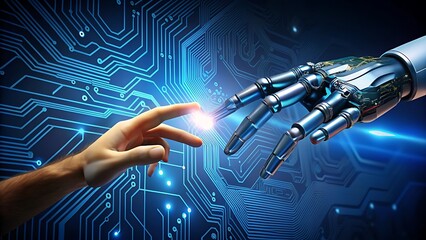Human and Robot Hand Touching Over Circuit Board Artificial Intelligence Concept