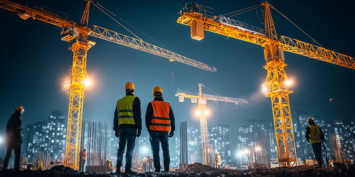 Engineers supervising construction site with cranes at night