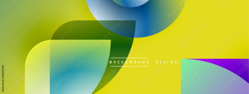 Poster abstract colorful shapes overlap, creating dynamic visual effect. yellow, green, blue hues blend smo