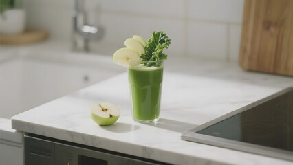 Fresh green smoothie garnished with kale and apple slices on a kitchen countertop