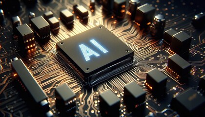 AI letters on a CPU chip connected to storage. Artificial intelligence technology in electronic chips.