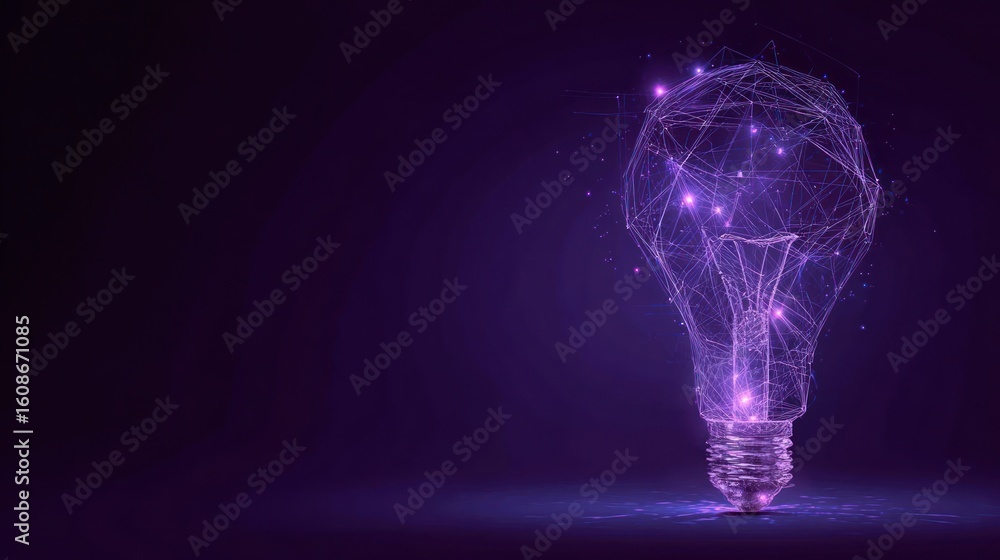 Poster digital illustration of a glowing lightbulb with a web of interconnecting lines. purple background