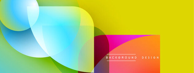 Abstract vibrant design features overlapping colorful circles, gradients. Yellow dominates background, creating modern aesthetic.
