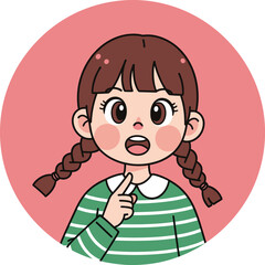 Cartoon girl with braids raising index finger, wearing striped shirt, isolated on pink background, vector illustration of idea gesture