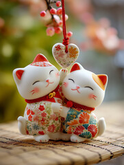 ハートで遊ぶ2匹のかわいい招き猫