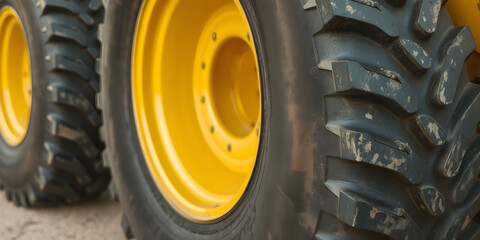 Close-up view of large rugged tires designed for heavy machinery, showcasing a textured surface and bold yellow rims. This setup offers space for adding text or graphics