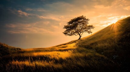 Obraz premium Golden sunset, lone tree, grassy hillside.