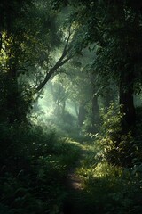 Fototapeta premium Lush forest with dappled sunlight on a clear day.