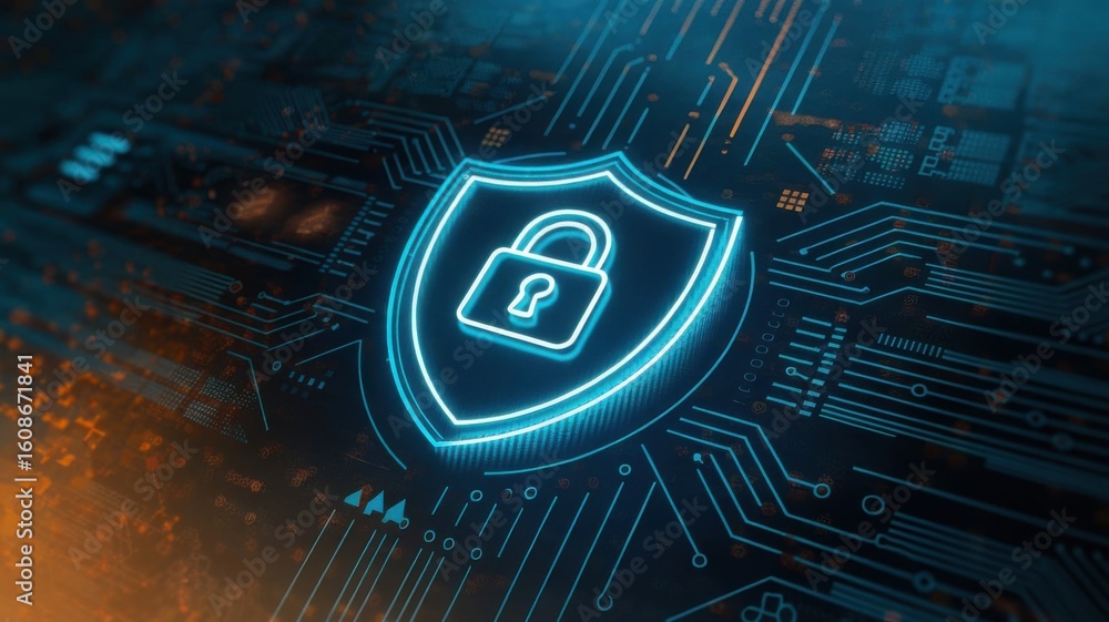 Poster cybersecurity shield with lock on futuristic circuit board background