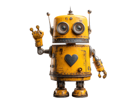 Vintage yellow robot showing peace sign with heart, Isolated On White, Transparent Background, Png - Powered by Adobe