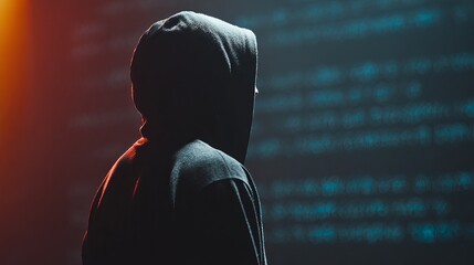 A mysterious hooded figure stands in front of digital code, evoking themes of technology and secrecy.