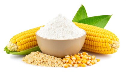 Corn ingredients ears with flour, kernels, and and grits isolated on white.