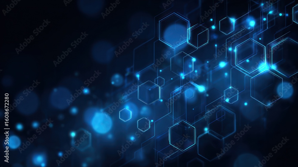 Poster dark blue abstract background with glowing hexagons and soft bokeh lights