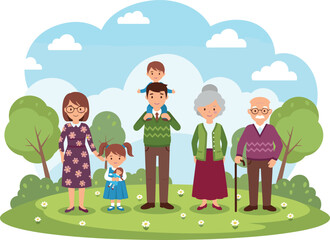 Cartoon multi-generational family outdoors in park with grandparents, parents, and children enjoying nature, vector illustration of togetherness and bonding