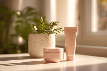 Obraz premium Soft pink skincare products on a table in natural sunlight.