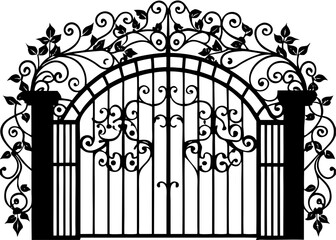 Wrought Iron Garden Gate with Vines Silhouette