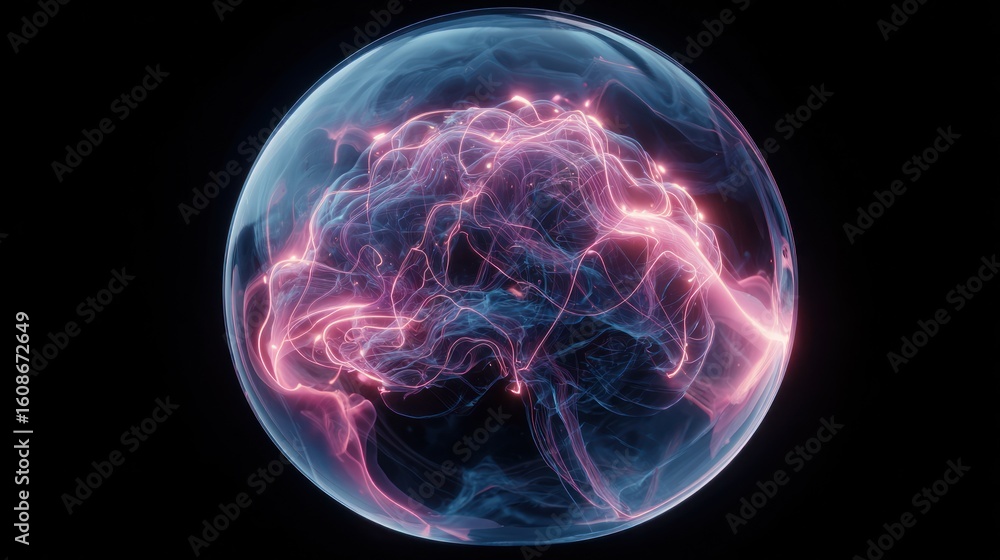 Poster glowing energy field encapsulated in a transparent orb against black background