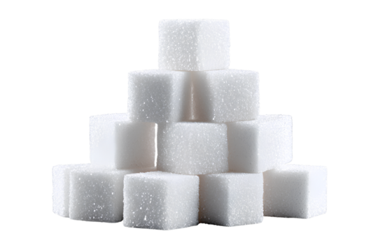 Pyramid of white sugar cubes isolated on transparent background