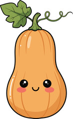 Cute cartoon butternut squash with smiling face, green stem and leaf, vector illustration for food, harvest, and autumn themes