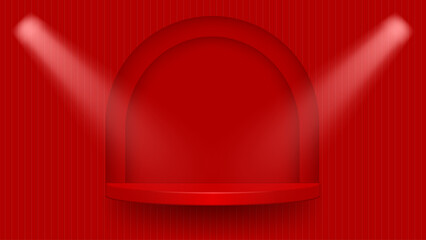 Red podium with spotlights stands on a red background with lines.