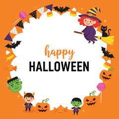 Colorful Halloween cartoon with witch, monsters, jack-o'-lanterns, candy, and children in costumes around “Happy Halloween” text in center