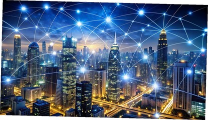 Futuristic Cityscape with Network Connections Representing Global Communication and Technology