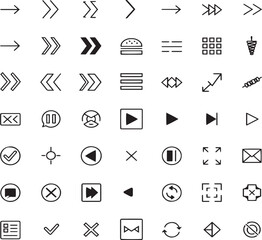 Mixed Interface Icon Set: Arrows, Media, Menus, and Controls