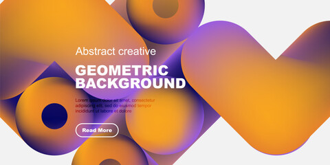 Vibrant abstract shapes overlap, creating dynamic composition. Orange, purple hues dominate design, text present below.