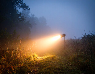Flashlight Beam Cutting Through Foggy Forest: Mysterious Nighttime Woods Scene with Mist, Tall Trees, and Dramatic Light Ray Creating Cinematic Atmosphere and Moody Outdoor Ambience