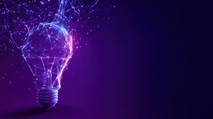 Glowing, stylized light bulb constructed of connected points against a dark, purple backdrop