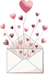 Open envelope with heart balloons floating out, romantic vector illustration symbolizing love, affection, and Valentine’s Day celebration