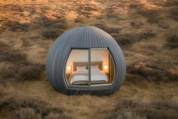 Modern prefabricated pod accommodation in expansive landscape environment