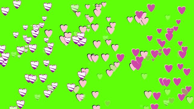 Fountain colorful hearts on a chroma key background. Video effect for valentine's day and weddings. Green screen. Fountain from hearts