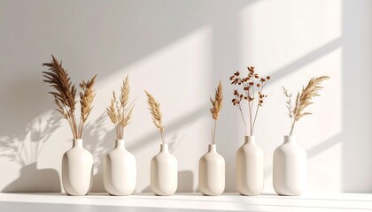Six vases of dried plants in sunlight