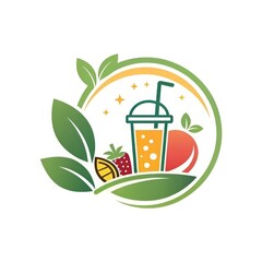 Fresh Fruit Juice Logo with Organic Leaves and Bubbles – Healthy Drink Icon for Natural Beverage Branding.