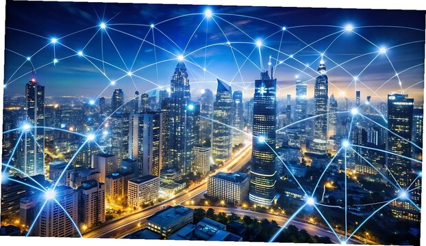 Connected Cityscape at Night with Digital Network Overlay and Glowing Lights