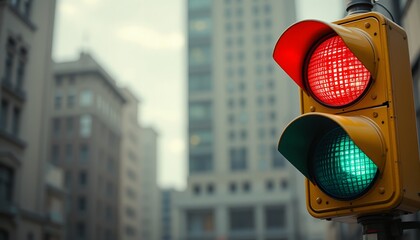 urban traffic control signal showing red and green lights in blurred city environment