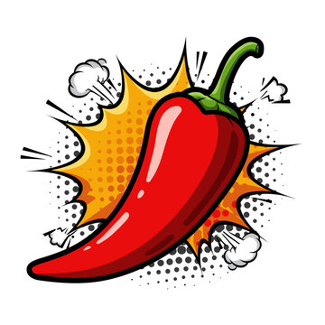 Naklejki Red chili pepper in pop art style with explosive background  