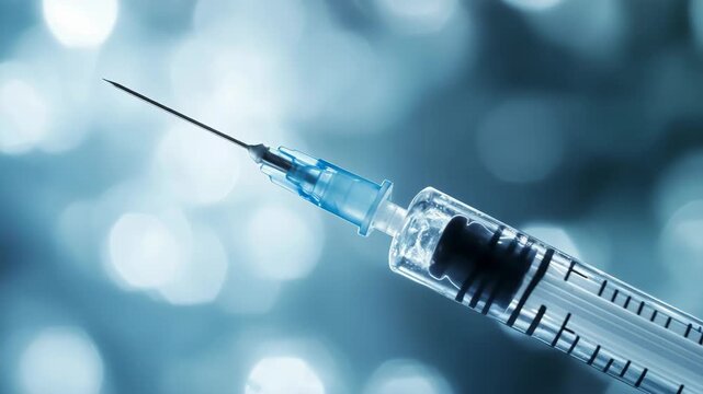 Detailed image of a hypodermic needle and syringe against a glowing blue bokeh background represents modern medicine, vaccines, sterile tools, healthcare safety, and scientific medical advancements.