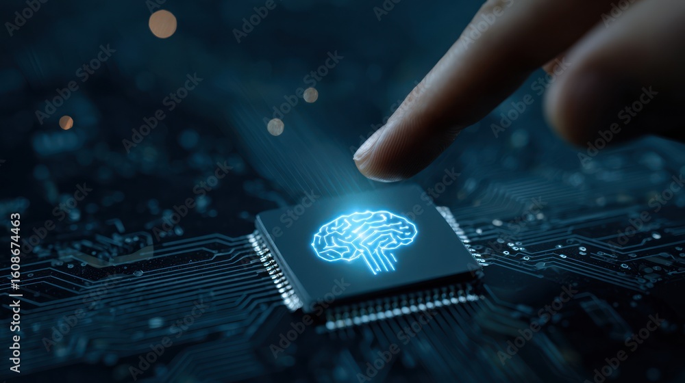 Poster close-up view of a finger touching a glowing brain graphic on a computer chip
