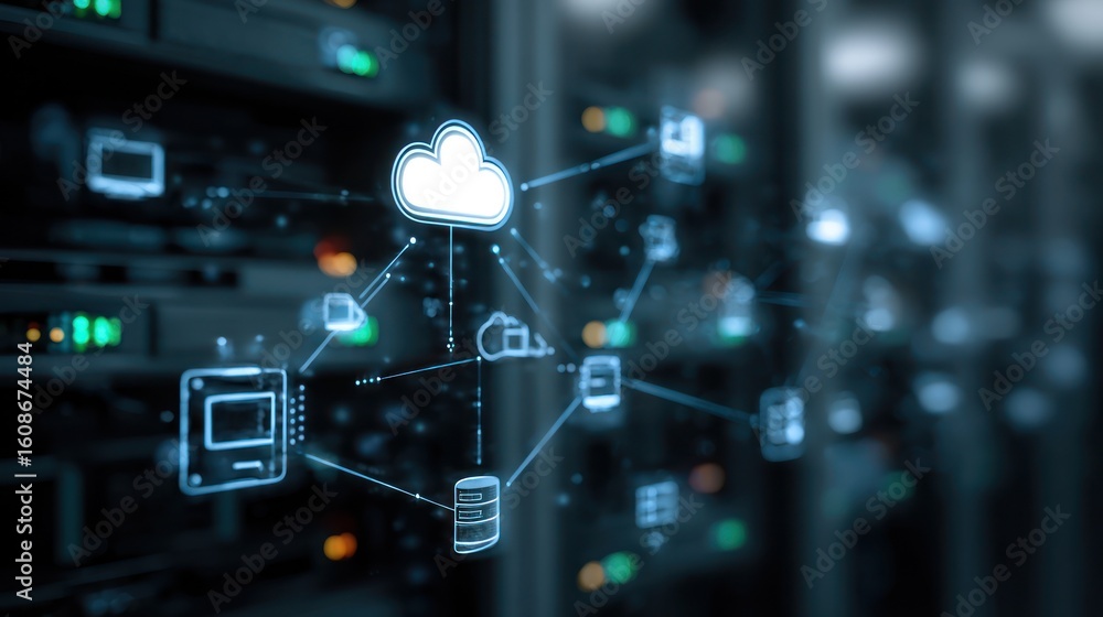 Poster digital schematic showing cloud connectivity with server racks in a dark room