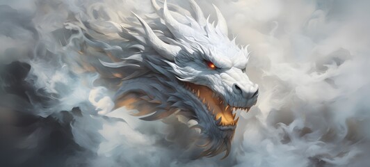 a light white dragon , coming out of the smoke, generative AI